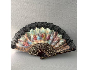 Vintage Victorian Style Folding Hand Fan Black Lace Faux Tortoiseshell Gold Trim