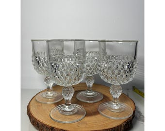 Vintage Clear Pressed Indiana Glass Diamond Point Set of 4 Water / Wine