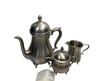 Boardman Pewter Tea Coffee Set 3pc Rams Head Feet Teapot Sugar Creamer