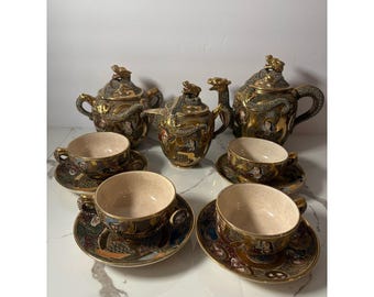 Vintage Japanese Satsuma Moriage Dragon Tea Set Hand Painted Gold Gilt 11pc