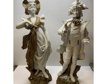 Vintage German Porcelain Figurine Pair White 18th Century Style Statues