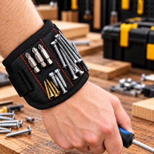 May include: A black magnetic wristband featuring red stitching and a textured fabric surface. The band is equipped with multiple silver-toned metal screws and two screwdriver bits attached to its surface, designed for holding small hardware items.