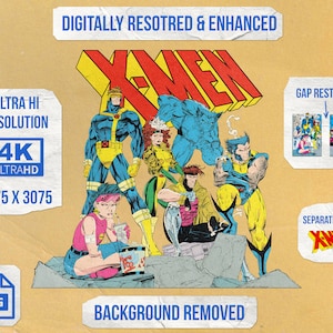 May include: A digitally restored and enhanced image of the X-Men comic book characters. The characters are in a group, standing on a rocky surface. The image is in 4K Ultra HD resolution and is 4075 pixels wide by 3075 pixels tall. The image is also available as a PNG file.