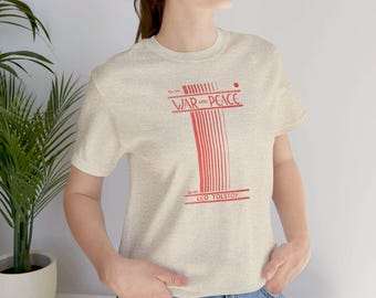 May include: A heather grey t-shirt with a red graphic print of the book cover for "War and Peace" by Leo Tolstoy.