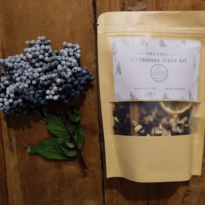 Könnte beinhalten: Ein brauner Papierbeutel mit einem weißen Etikett, auf dem "Organic Elderberry Syrup Kit" und "Hand Crafted Small Batches" steht. Der Beutel enthält eine Mischung aus getrockneten Zutaten, darunter Holunderbeeren, Zimtstangen und Zitronenscheiben.