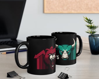 Taza de café de cerámica con el símbolo del toro y el oso.
