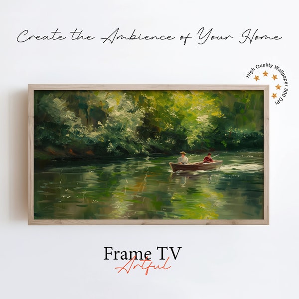 Samsung Frame TV Art, a Acrylic painting Boating on the River, Paint a leisurely scene of people boating on a river, digital art.