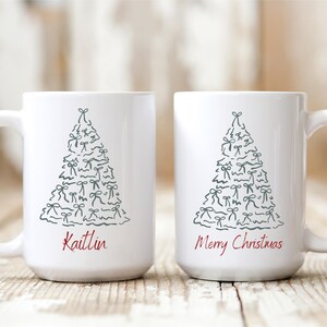 Tazza di Natale personalizzata, regalo di Natale con nome personalizzato, tazza con albero di Natale con fiocco, regalo per lei, tazza di Natale vintage