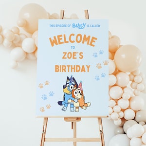 Editable Blue Dog Welcome Sign, Birthday Party Theme, Personalize on Canva