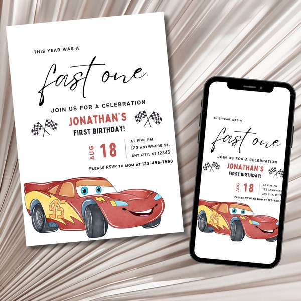 Cars Themed First Birthday Invitation, First Birthday Party, Digital Download, Canva Template