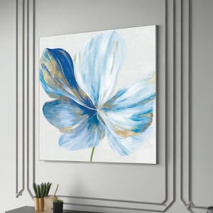 White Blue Flowers Canvas Painting, Tropical Botanic Wall Art, Floral Decor