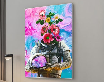 Astronaut and Flowers Canvas Painting, Surreal Astronaut Wall Art, Flower Planet Decor, Space Gift, Cosmic Wall Hanging