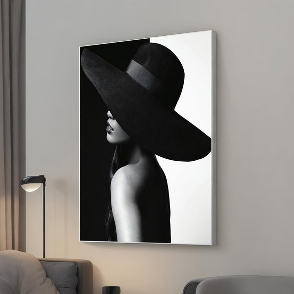 Femme au chapeau noir, toile, décoration murale mode, beauté en noir et blanc, art mural cadeau