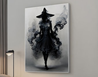 Fantasy Art Canvas Painting Black Dark Witch, Surreal Wall Decor, Gothic Wall Art