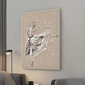 Canvasprint ballerina in witte jurk, naïeve balletdanser muurdecoratie, esthetische muurkunst