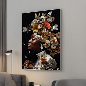 African Woman Wall Decor, Flower Headed Woman Canvas Art, Ethnic Beauty Art
