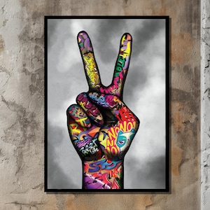 Street Art Peace Hand Canvas Print - Vibrant Graffiti Urban Wall Art for Modern Decor - Colorful Urban Gesture Art