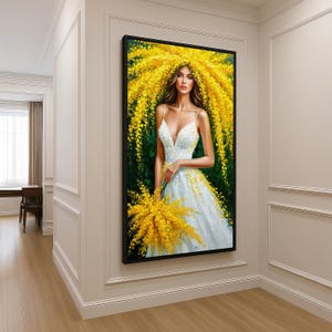 Elegant Floral Woman Canvas Art - Yellow Bloom Dress Portrait Print, Spring Nature Wall Decor, Feminine Beauty Painting