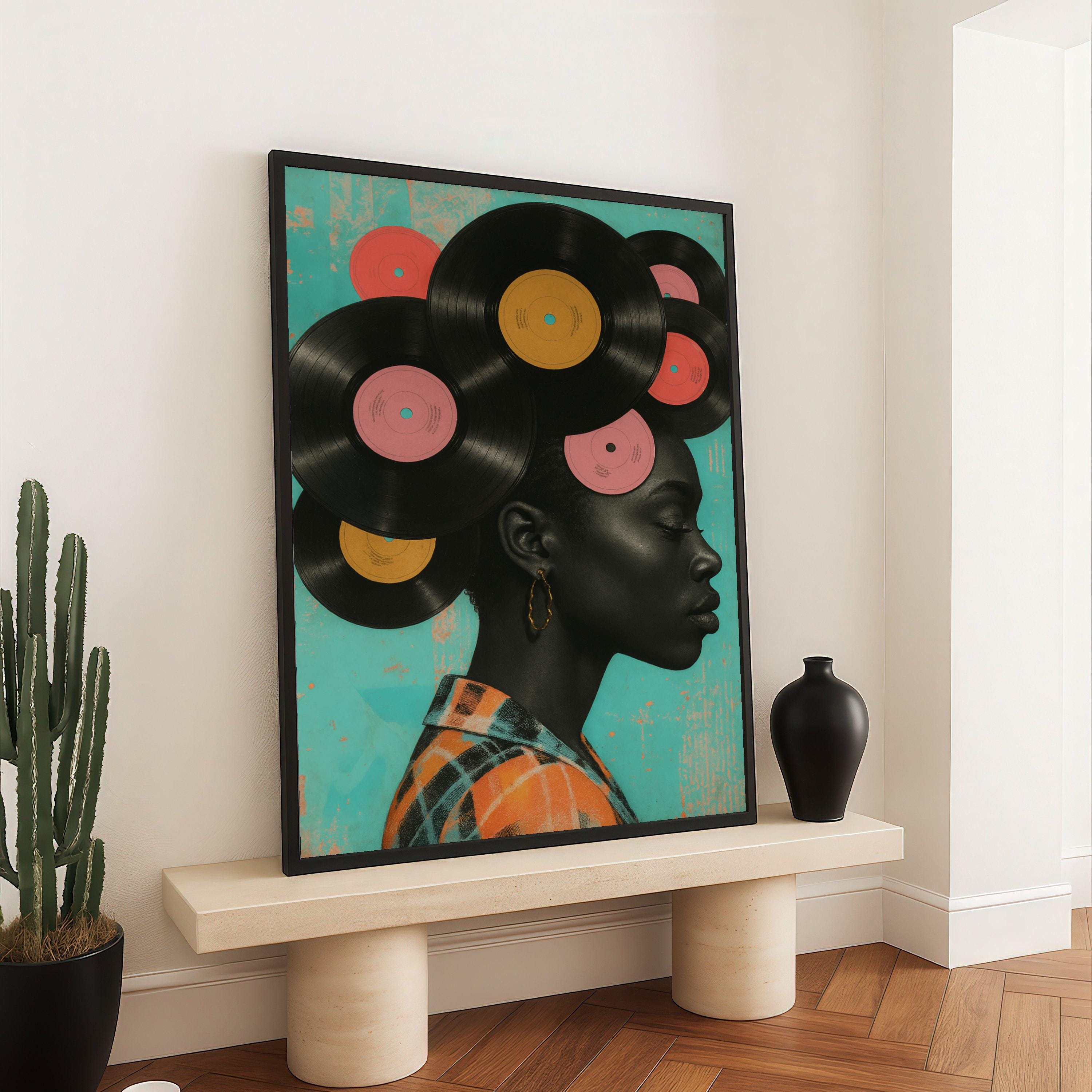 Modern Afrocentric Vinyl Record Hair Canvas, Music Wall Art, Retro