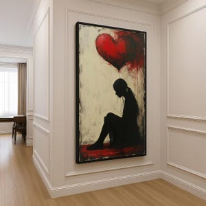 Silhouette of Sad Girl with Dripping Red Heart Canvas, Emotional Wall Art, Modern Expressionist Home Decor, Love and Loneliness Painting