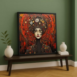 Surreal Cosmic Portrait Canvas, Abstract Woman Face Wall Art, Red and Gold Circular Design, Modern Decorative Canvas, Unique Home Artwork