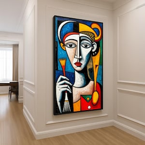 Abstract portret canvas in Picasso-stijl, kubistische vrouw gezicht muurkunst, moderne kleurrijke huisdecoratie, expressionistische canvasafdruk, klaar om te