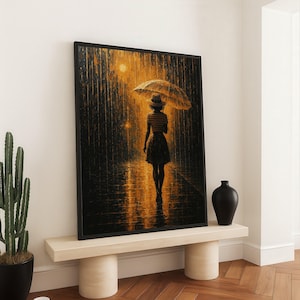 Woman with Umbrella in Rain Canvas, Golden Night Scene Wall Art, Reflective Water Street Painting, Modern Home Decor, Rainy Mood Canvas