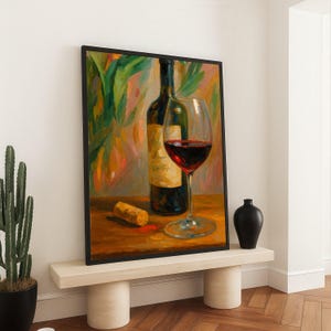 Rotweinglas und Flasche Stillleben Leinwand, elegante Weinkunst, rustikale Weinbergdekor, Küchenwandkunst, Barraumdekoration