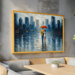Romantic Cityscape Evening, Couple with Red Umbrella Canvas, Rainy Urban View Painting, Modern Impressionist Wall Art, Home Decor Canvas