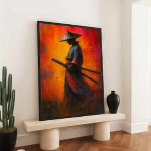 Samurai Warrior Canvas Wall Art, Japanese Sword Art, Oriental Asian Decor, Traditional Warrior Painting, Dramatic Red and Orange Background