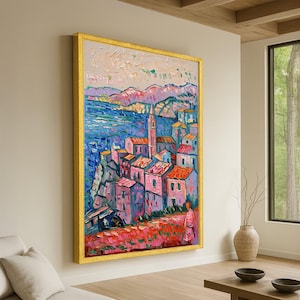 Vibrant Mediterranean Village Canvas, Colorful Coastal Landscape Wall Art, Abstract Seaside Town Painting, Home Decor Canvas