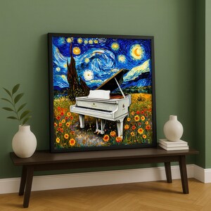 Impression sur toile piano nuit étoilée - oeuvre d'art murale piano à queue blanche inspirée de Van Gogh - décoration de chambre musicale florale