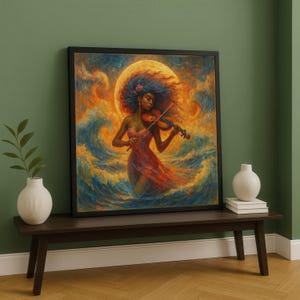 Enchanted Violinist, Woman Playing Violin Canvas, Surreal Art, Fiery Sunset Background, Musical Canvas Wall Art, Dreamy Home Decoration