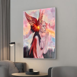 Naked Woman with Angel Modern Canvas Painting, Luxury Wall Decor Art for Elegant Home