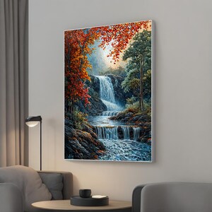 Autumn Waterfall Canvas, Fall Landscape Wall Art, Nature Home Decor