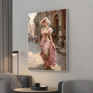 Elegant Victorian Woman in Pink Dress Walking Canvas Print – Romantic European Street Scene, Timeless Classic Wall Art for Home Decor