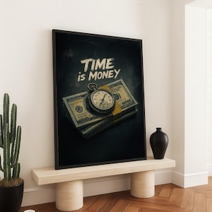 Time is Money Canvas Wall Art, Vintage Pocket Watch and Cash, Financial Motivation Quote, Inspirational Office Decor, Ready to Hang Canvas