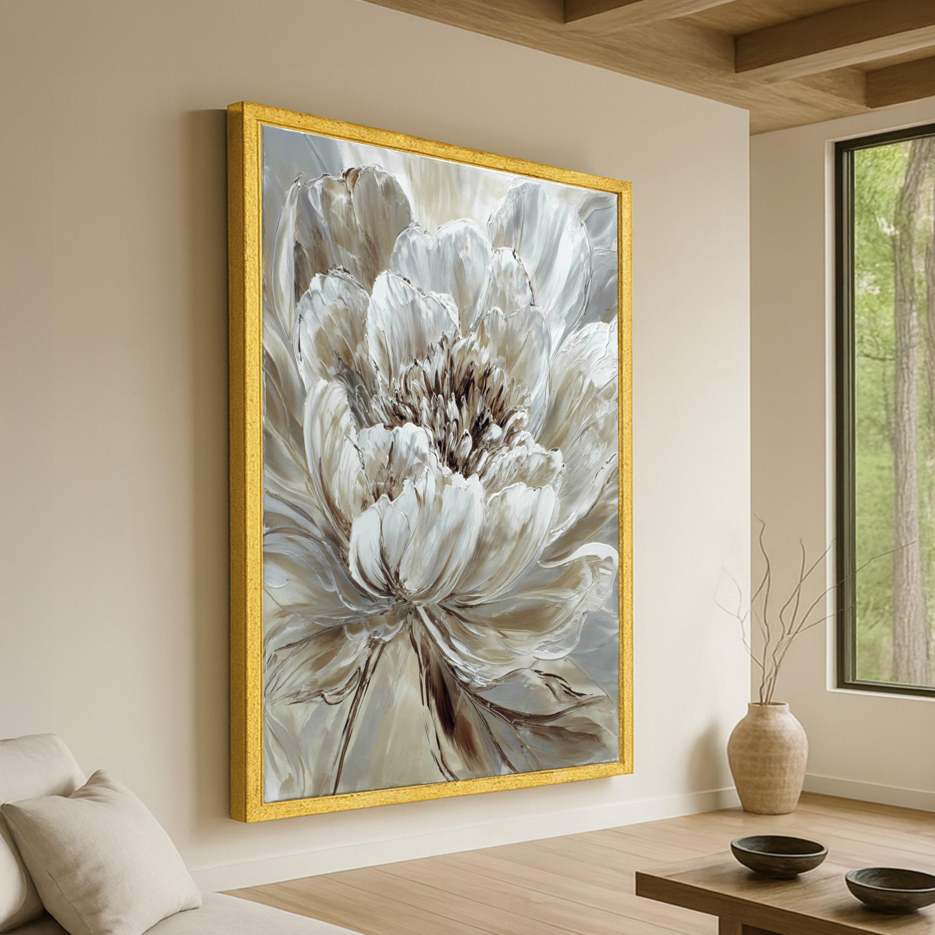 Elegant Neutral Floral Canvas Wall Art, Large Bloom Painting