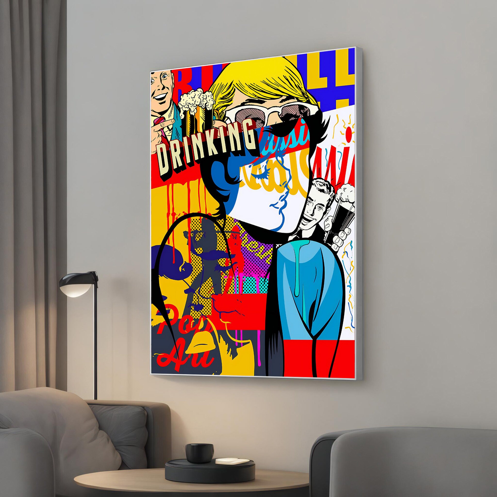 Pop Art Drinking Canvas, Bold Banksy Wall Decor, Vibrant Graffiti Art for Home Ambiance, Unique Street Art Gift
