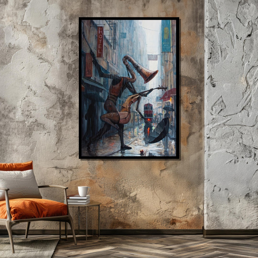 Surreal Musician in the Rain Canvas Art - Abstract Urban Street Scene ...