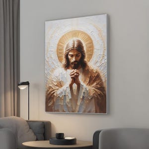 Jesus Christ Praying Canvas Print - Inspirational Religious Wall Art with Golden Halo for Devotional Spaces