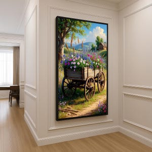 Rustieke canvas bloemenwagen - landschapsmuurkunst met kleurrijke bloemen, boerderij bloemenprint, vredig vintage decor