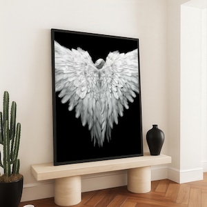 White Angel Wings Canvas Print – Elegant Feathered Back View Wall Art on Black Background – Spiritual Minimalist Decor