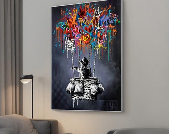 Banksy Air Balloon Child Canvas Print, Inspirational Graffiti Wall Art for Home Decor, Unique Street Art Gift