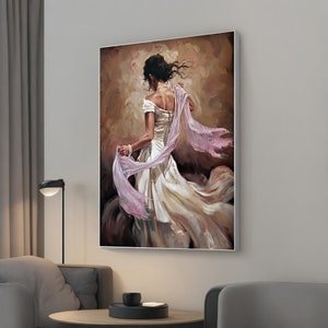 Dansende vrouw in witte jurk canvas schilderij, elegant danskunstwerk voor modern muurdecor, stijlvol cadeau voor kunstliefhebbers