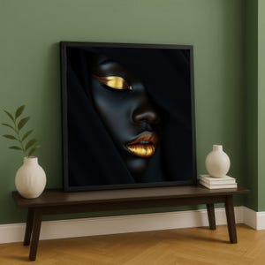 Elegant Black and Gold Portrait Canvas, Abstract Face Art, Metallic Makeup Wall Decor, Modern Glamour Canvas, Luxury Home Decoration