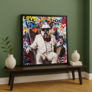 Cool French Bulldog in White Suit Canvas, Urban Graffiti Art, Wine Glass Wall Decor, Modern Dog Portrait, Pop Art Canvas for Home