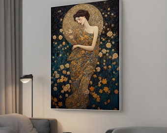 Gustav Klimt Style Canvas - Beauty Woman in Flower Garden Art, Modern Abstract Wall Decor for Home