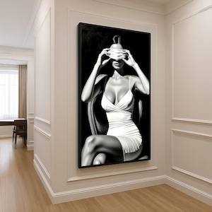 Elegant Woman in White Dress, Black and White Canvas Art, Sensual Feminine Portrait, Modern Home Decor, Minimalist Wall Art, Ready to Hang
