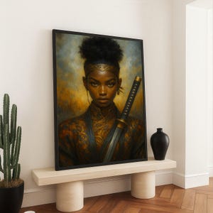 Warrior Princess Portrait Canvas Wall Art, African Queen Painting, Fantasy Sword Art, Regal Female Figure, Home Decor Canvas, Powerful Woman